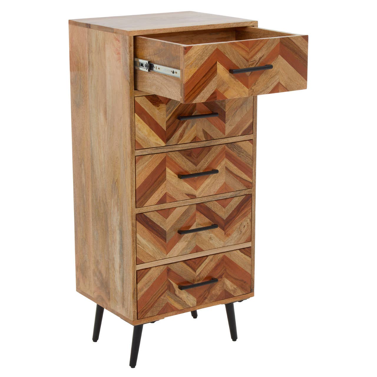 Nest Envy Burma 5 Drawer Chest - Mango Wood - Angle View Top Drawer Open