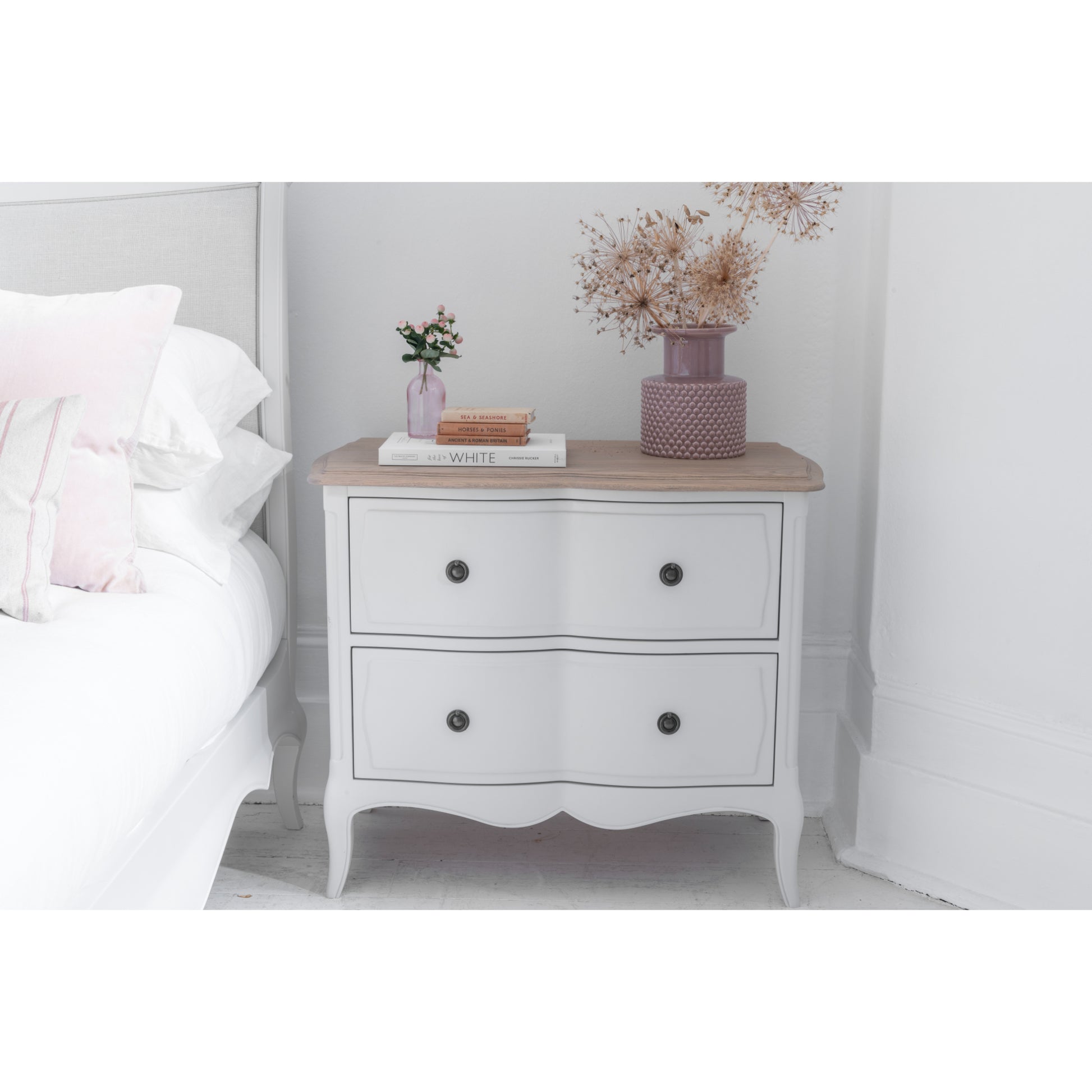 Willis & Gambier Amelie 2 Drawer Oak Wide Bedside Table - Soft Dove Grey - Lifestyle Image