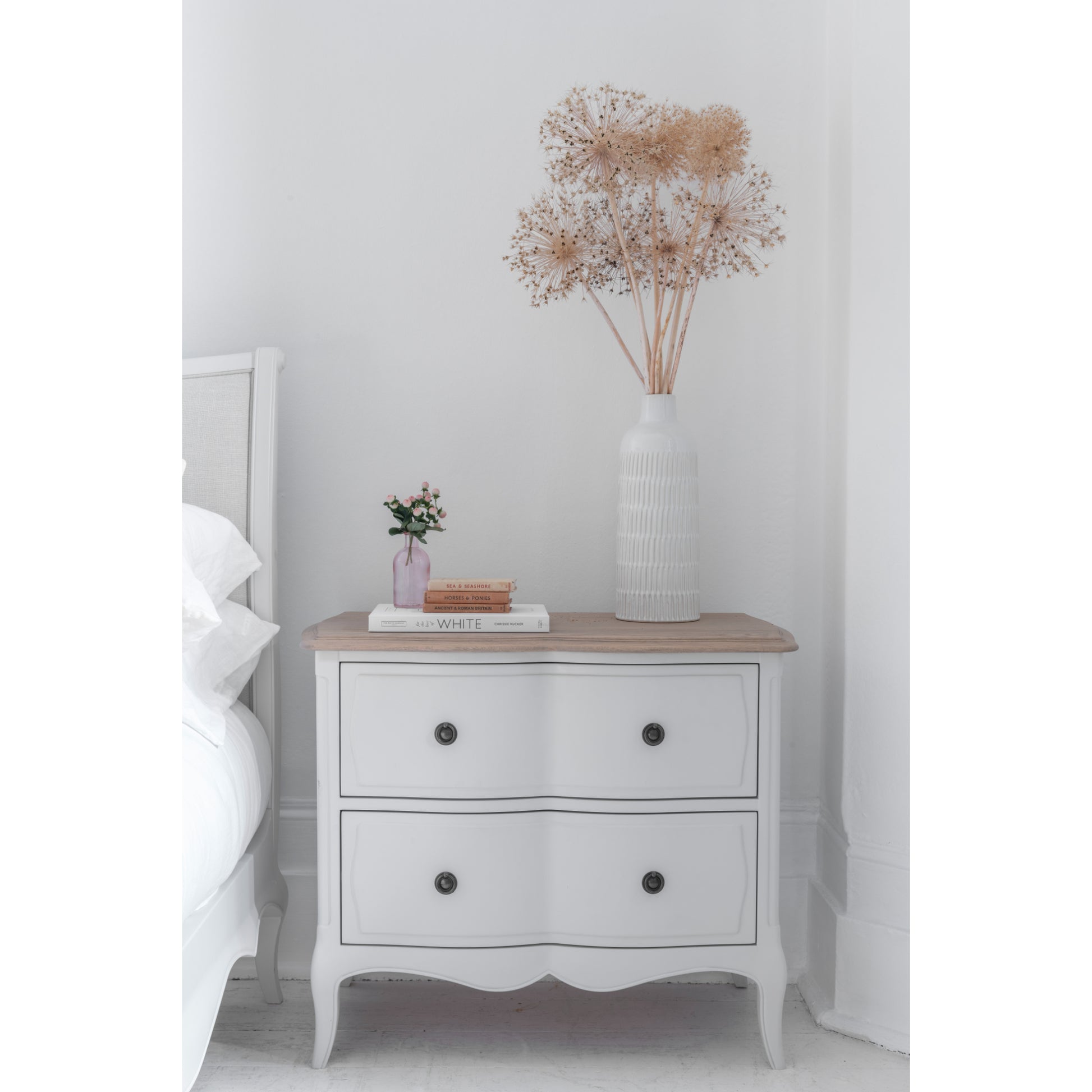 Willis & Gambier Amelie 2 Drawer Oak Wide Bedside Table - Soft Dove Grey - Lifestyle Image Centred