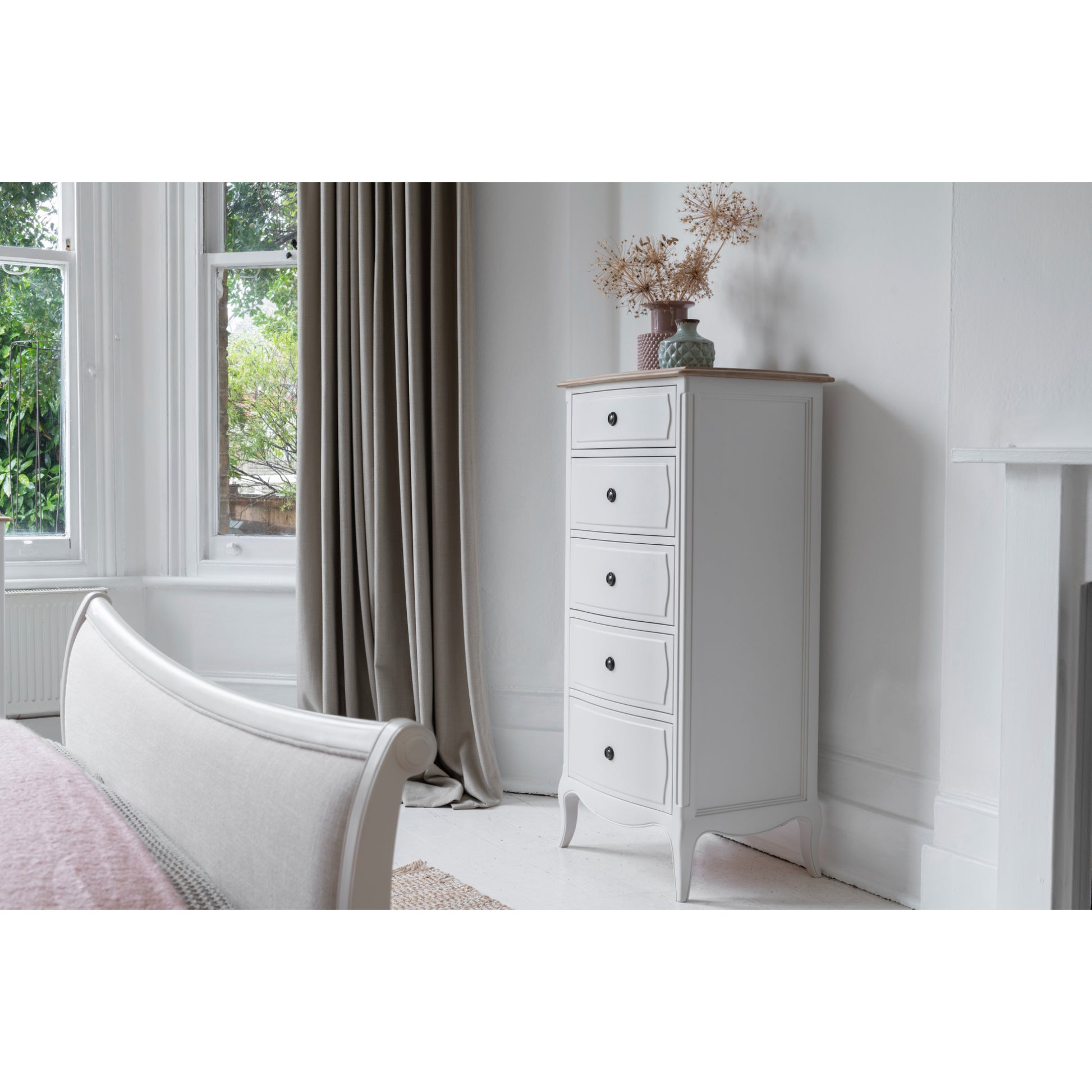 Willis & Gambier Amelie 5 Drawer Oak Narrow Tallboy Chest - White - Lifestyle Image Angled View Landscape