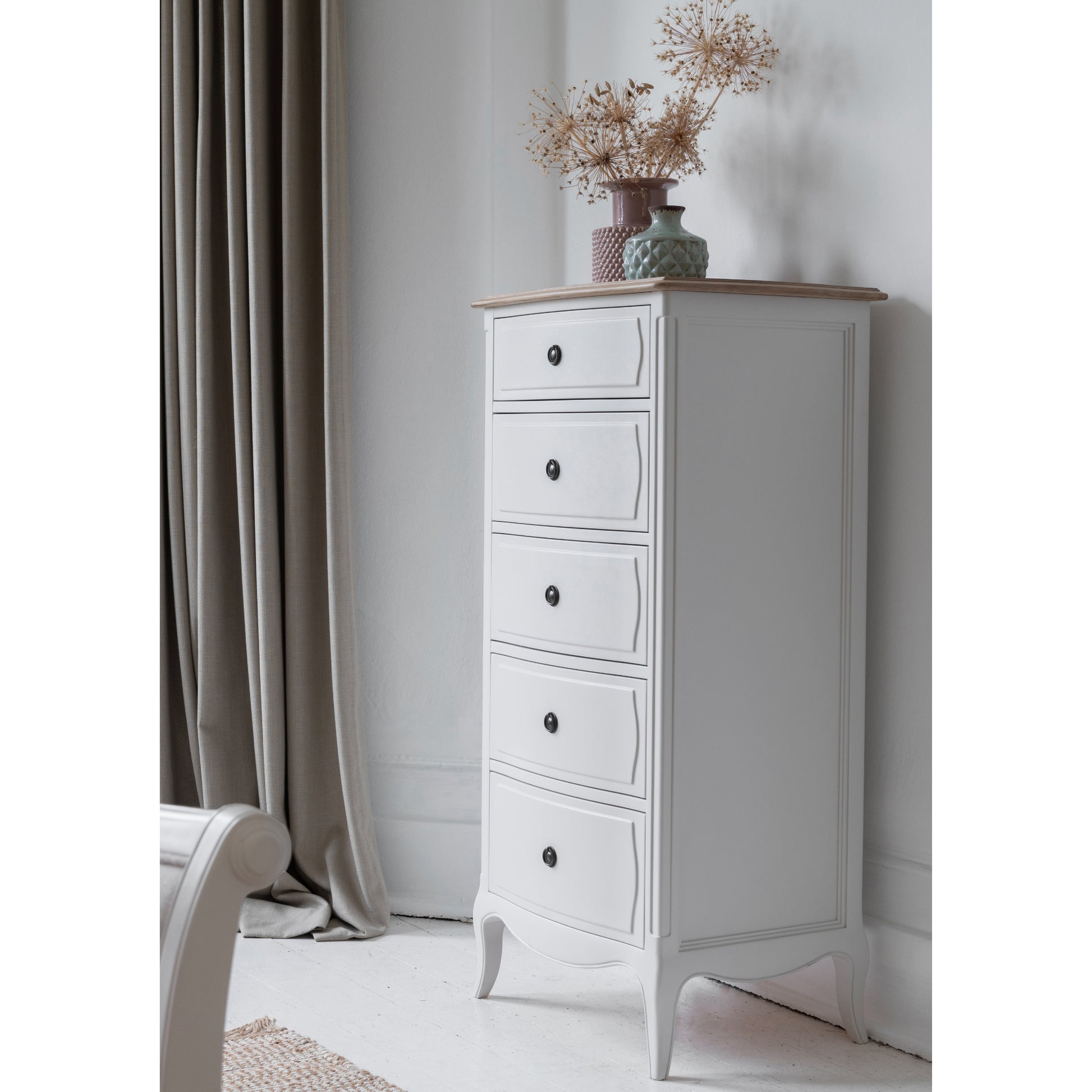 Willis & Gambier Amelie 5 Drawer Oak Narrow Tallboy Chest - White - Lifestyle Image Angled View Portrait