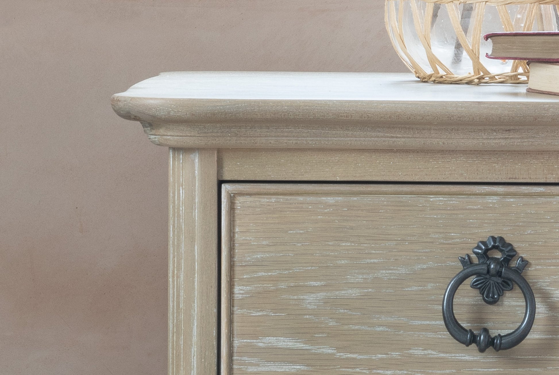 Willis & Gambier Camille Single Drawer Bedside Table - Oak - Lifestyle Image Zoomed In Top