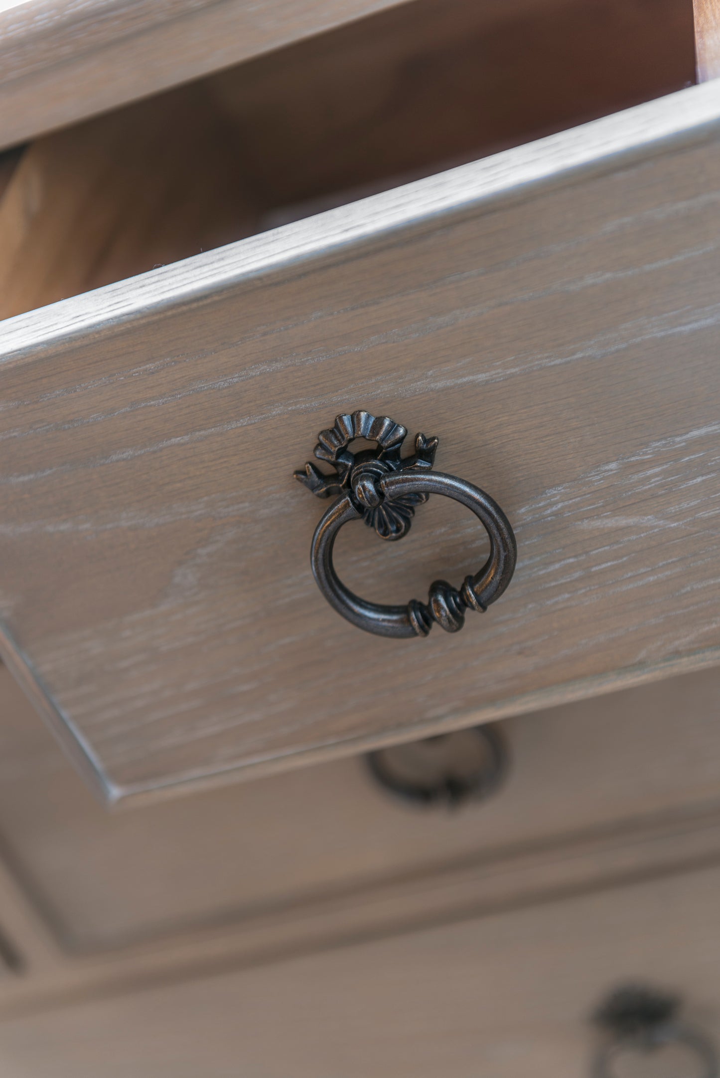 Willis & Gambier Camille 3 Drawer Chest - Oak - Lifestyle Image Zoomed In Drawer Open
