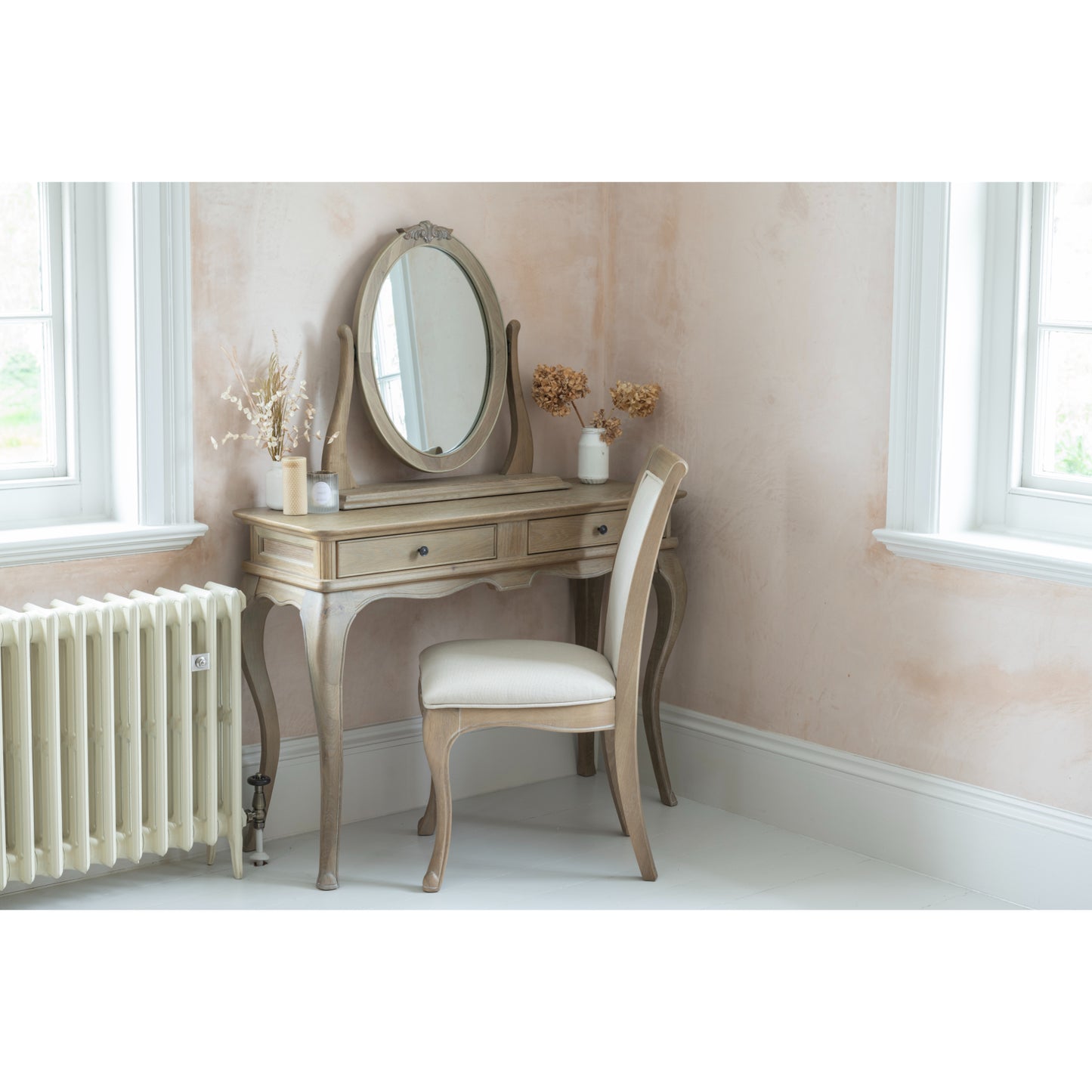 Willis & Gambier Camille Gallery Mirror - Oak - Lifestyle Image With Dressing Table and Chair