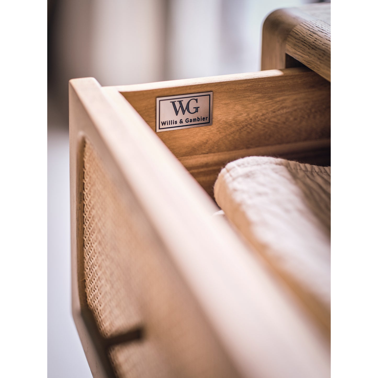Willis & Gambier Casera Single Drawer Bedside Table - Oak - Lifestyle Image Zoomed In Drawer Open