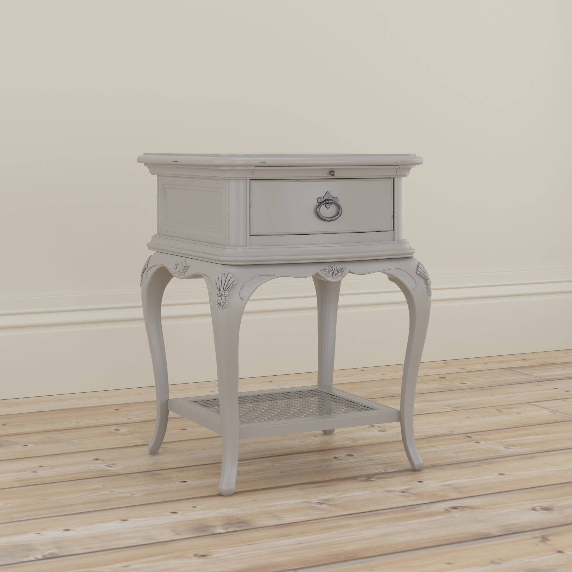 Willis & Gambier Etienne Single Drawer Bedside Table - Grey - Lifestyle Image Basic Angled View