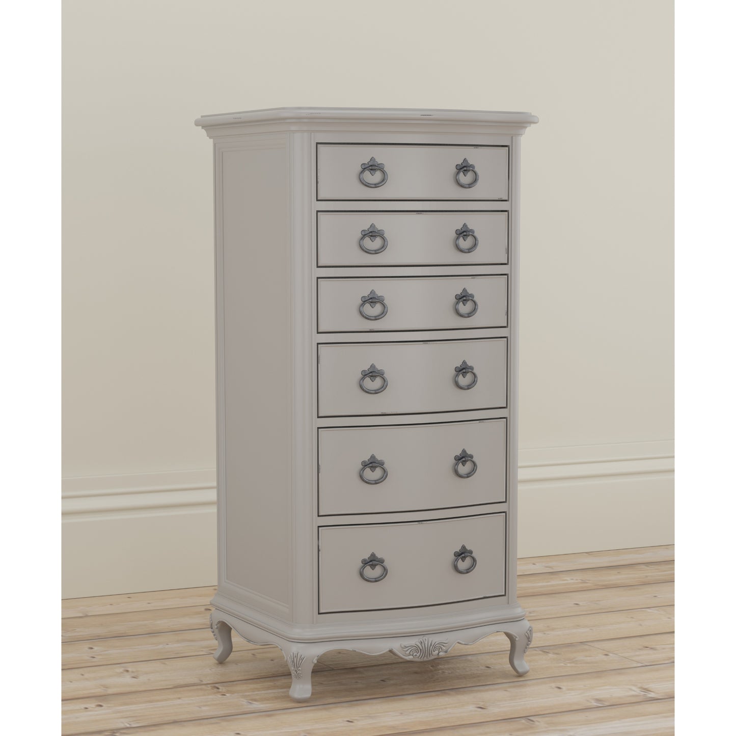 Willis & Gambier Etienne 6 Drawer Narrow Tallboy Chest - Grey - Lifestyle Image Basic Angled View