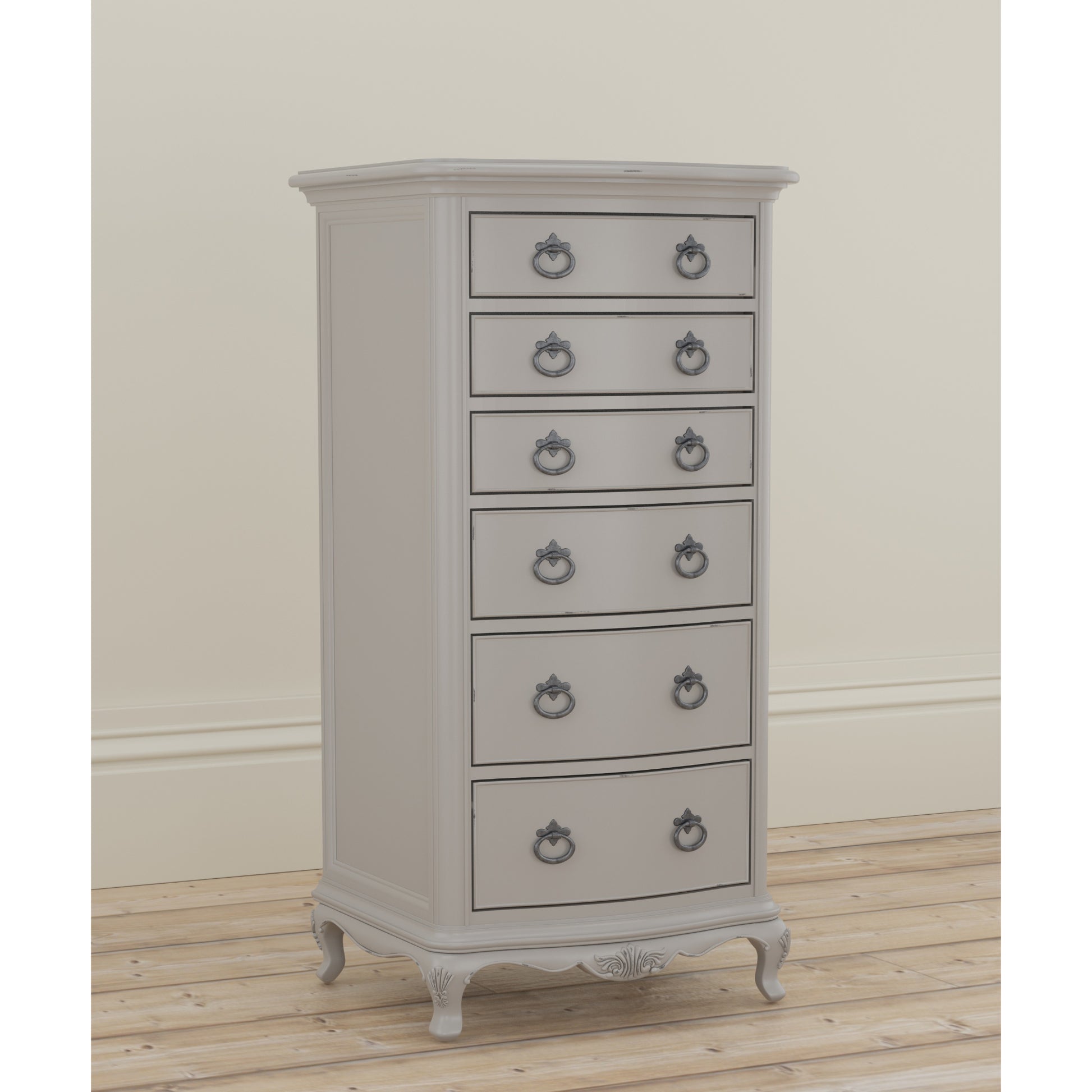 Willis & Gambier Etienne 6 Drawer Narrow Tallboy Chest - Grey - Lifestyle Image Basic Angled View