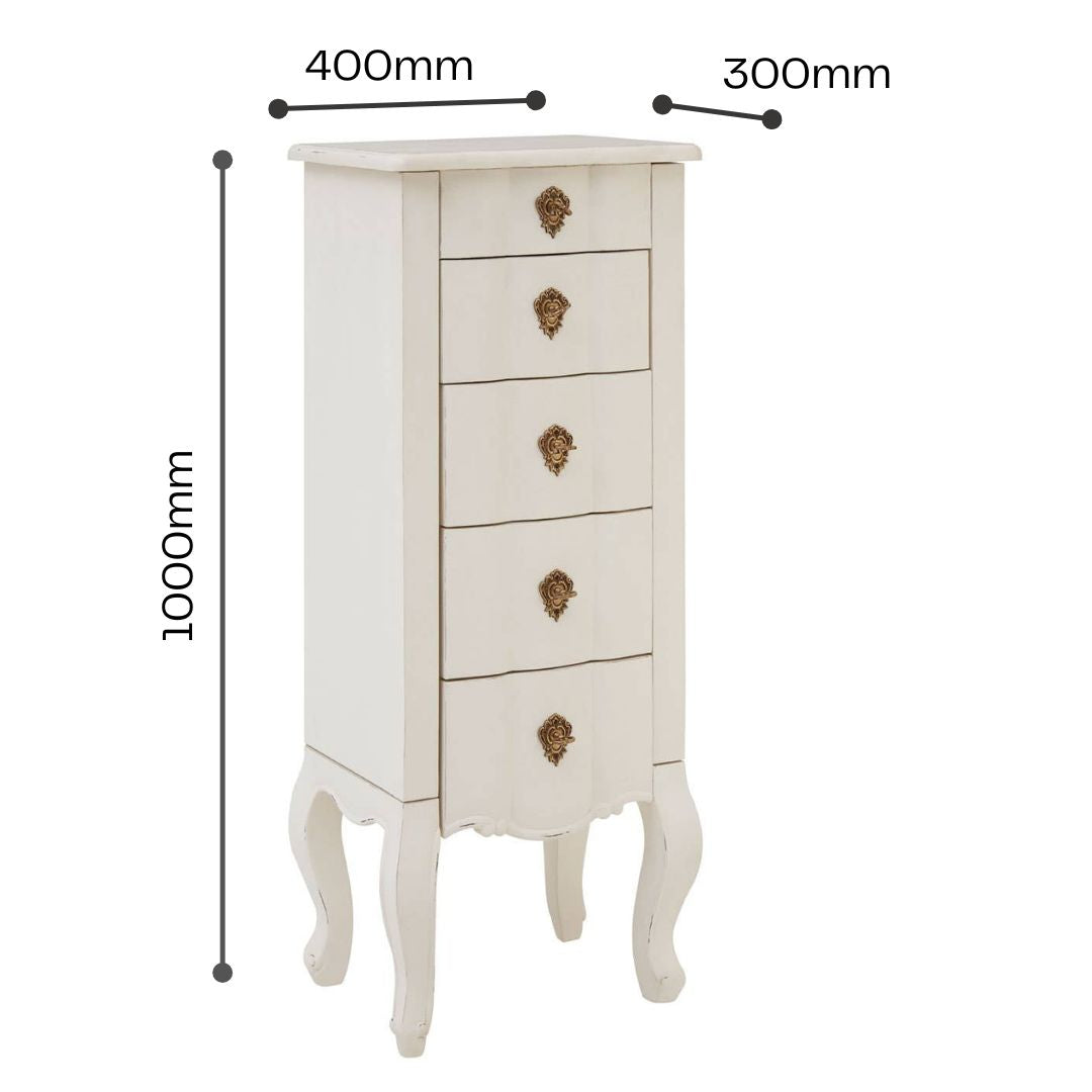 Nest Envy Versailles 5 Drawer Narrow Tallboy Chest - White - Infographic