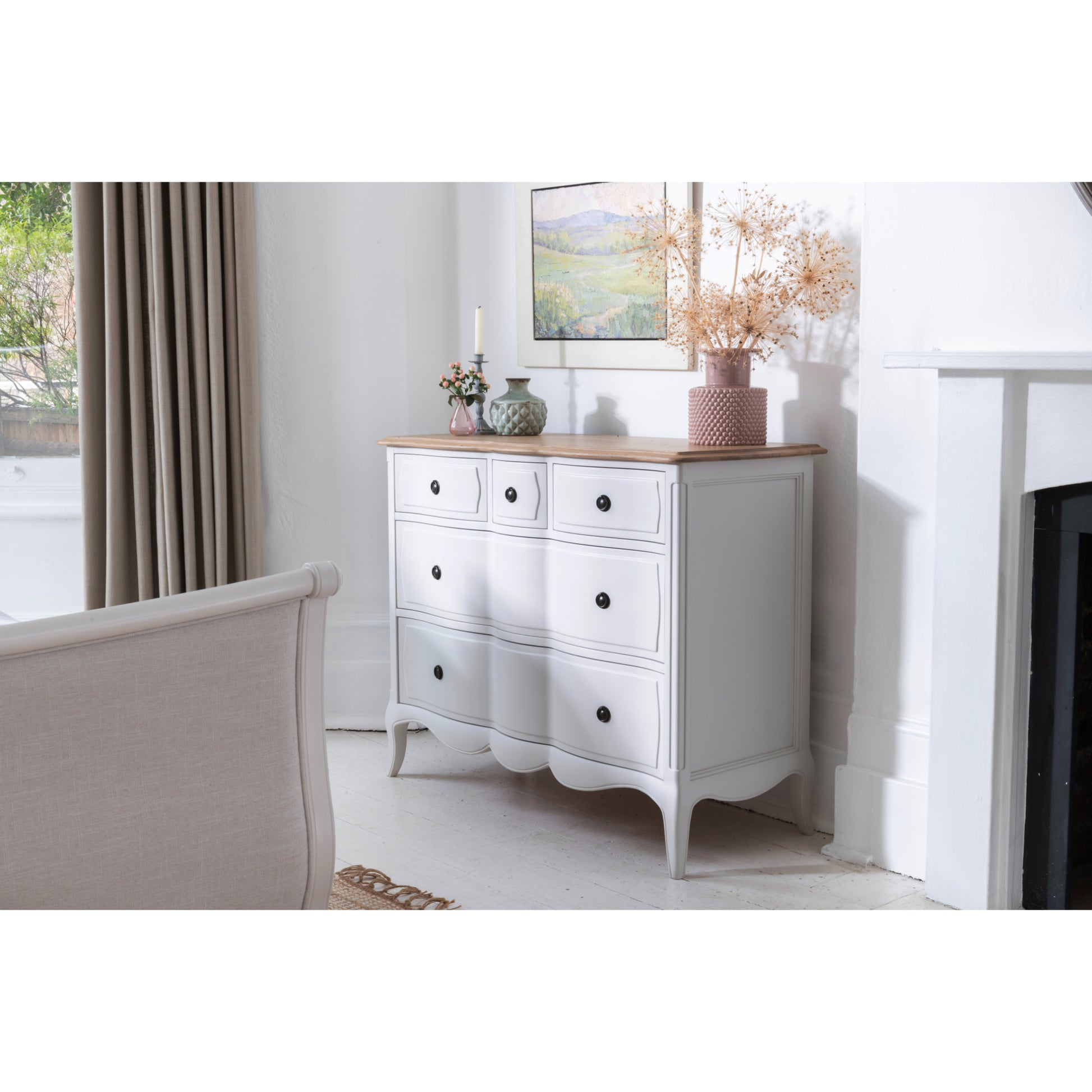 Willis & Gambier Amelie 5 Drawer Oak Chest - White - Lifestyle Image Angled View Landscape
