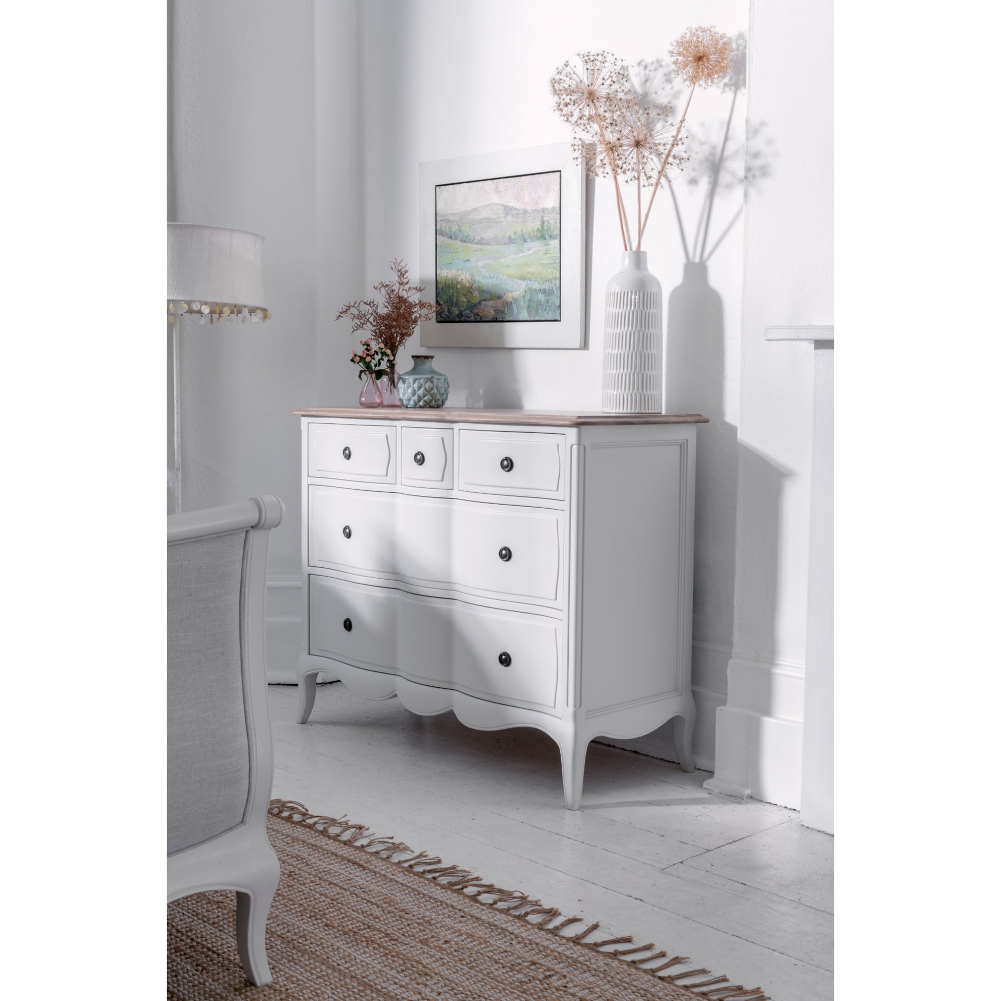 Willis & Gambier Amelie 5 Drawer Oak Chest - White - Lifestyle Image Angled View Portrait