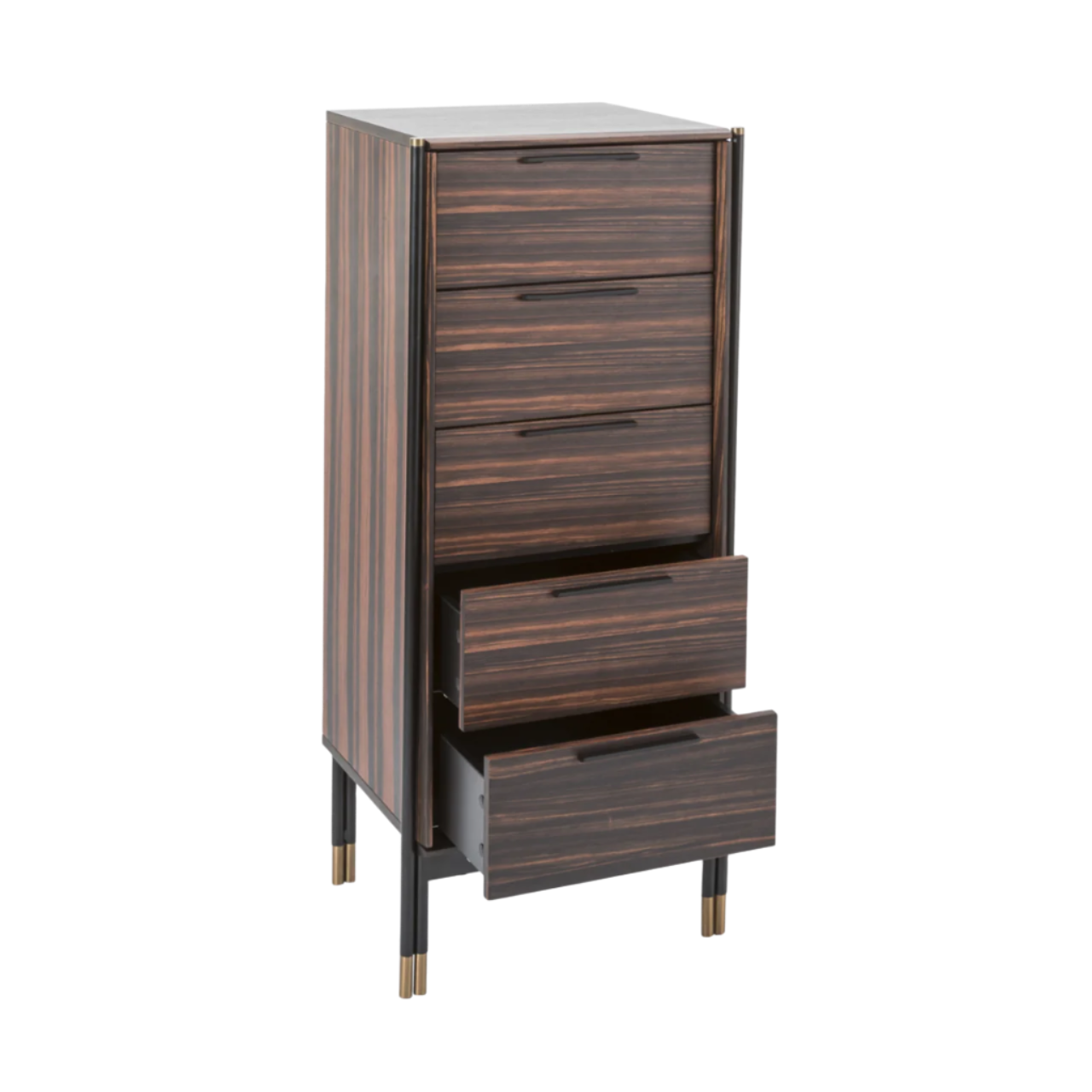 Twenty10 Designs Bali 5 Drawer Narrow Tallboy Chest - Ebony - Angle View Drawers Open