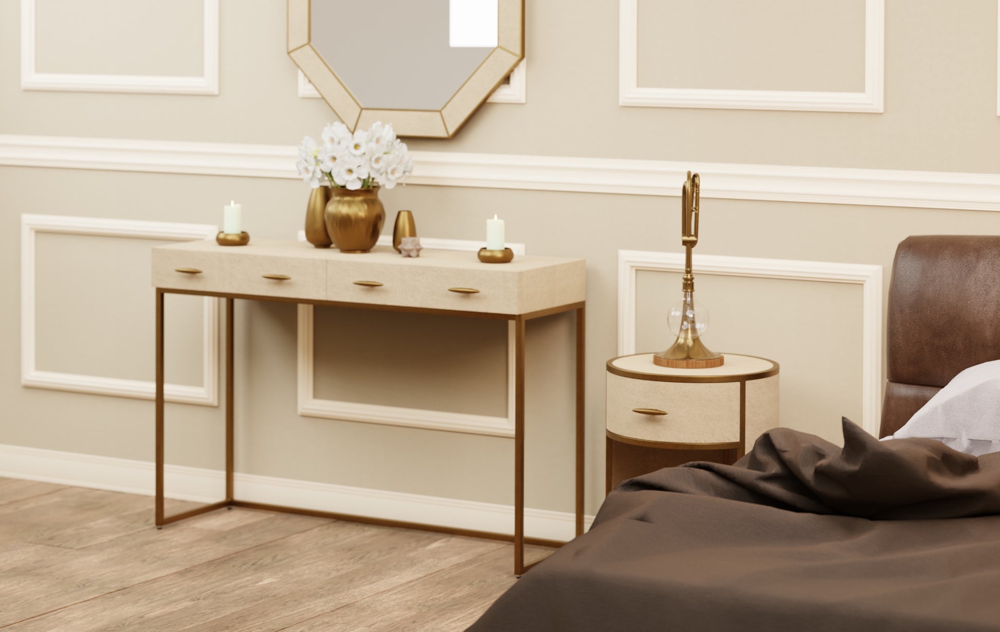 DI Designs Hampton Single Drawer Round Bedside Table - Ivory Shagreen - Lifestyle Image Right