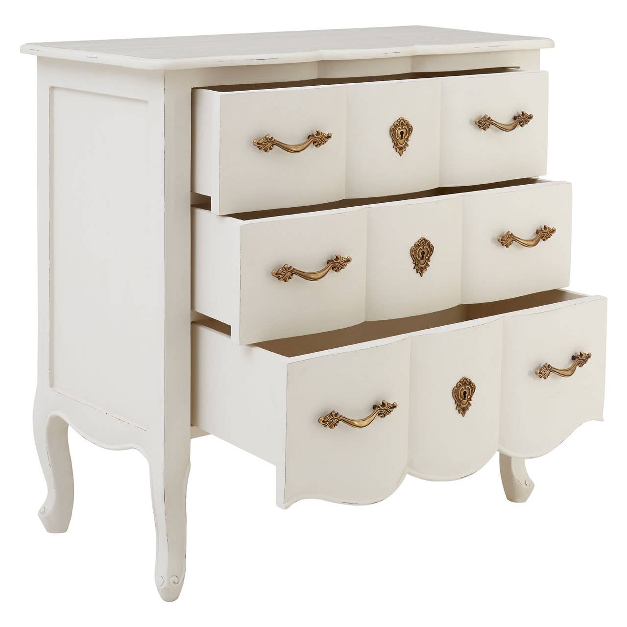 Nest Envy Versailles 3 Drawer Chest - White - Angle View Drawers Open