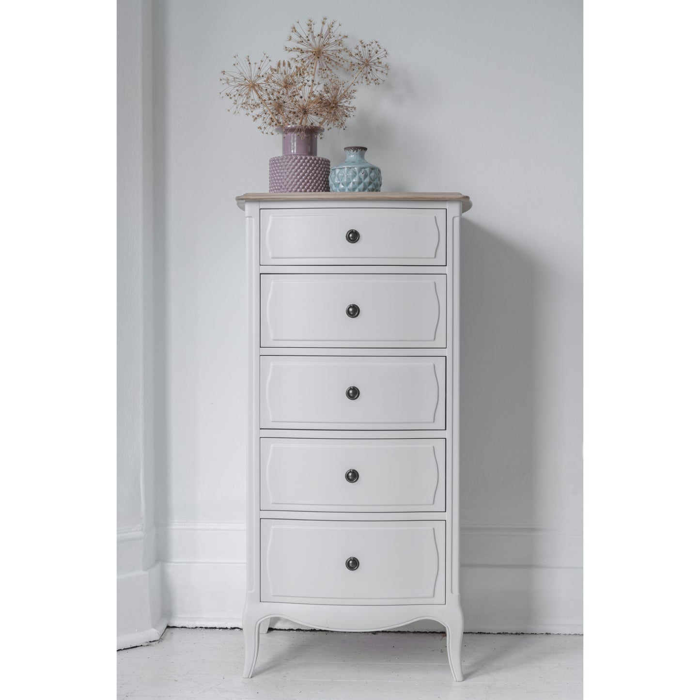 Willis & Gambier Amelie 5 Drawer Oak Narrow Tallboy Chest - White - Lifestyle Image Portrait