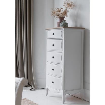 Willis & Gambier Amelie 5 Drawer Oak Narrow Tallboy Chest - White - Lifestyle Image Angled View Portrait