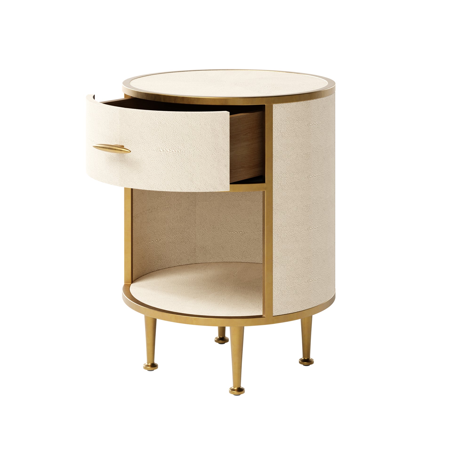 DI Designs Hampton Single Drawer Round Bedside Table - Ivory Shagreen - Drawer Open